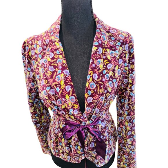 Free People Purple Floral Velvet Jacket Cinch Waist Satin Tie Boho Cottage Core - Picture 3 of 13